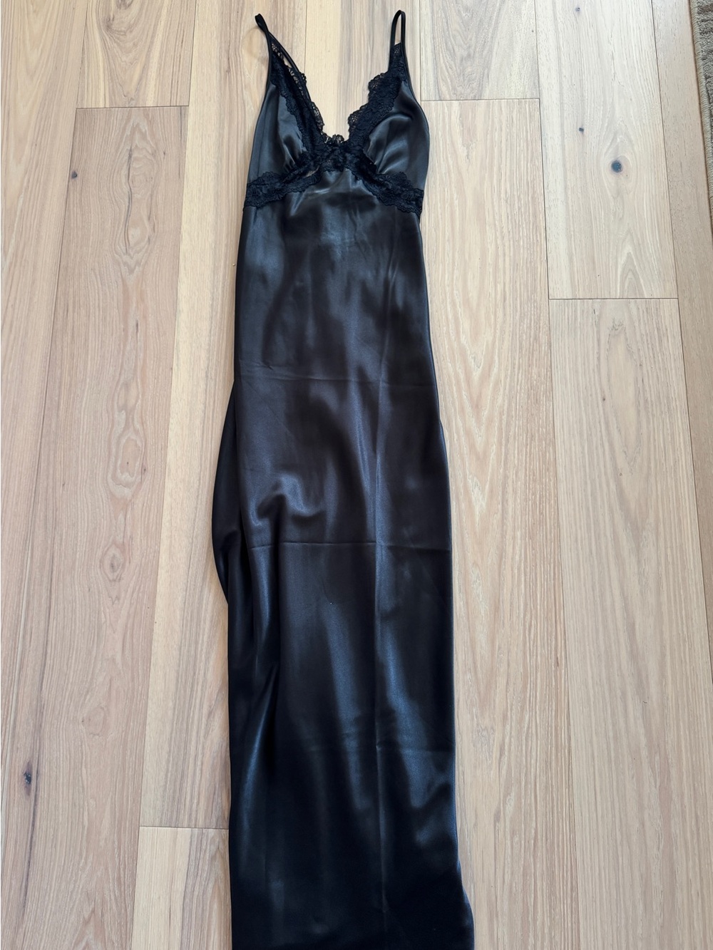 Sincerely Jules Black Satin Maxi Slip Dress with Lace